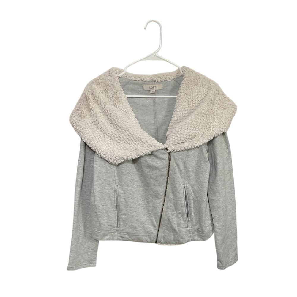 Loft Grey Zip Jacket Sweatshirt Oversized Sherpa Lined Collar Size Large Pockets
